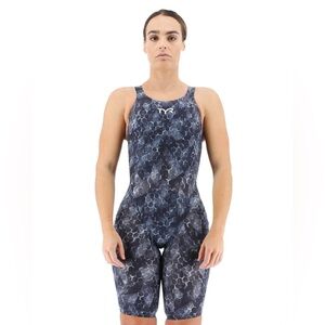 TYR avictor women’s racing suit. Grey and black.